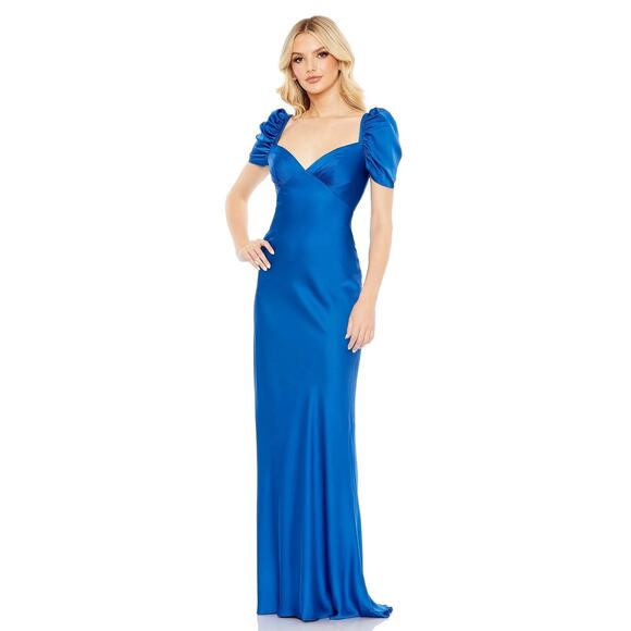 Mac Duggal NWT Puff Sleeve Open Back Satin Gown in Sapphire Size 6